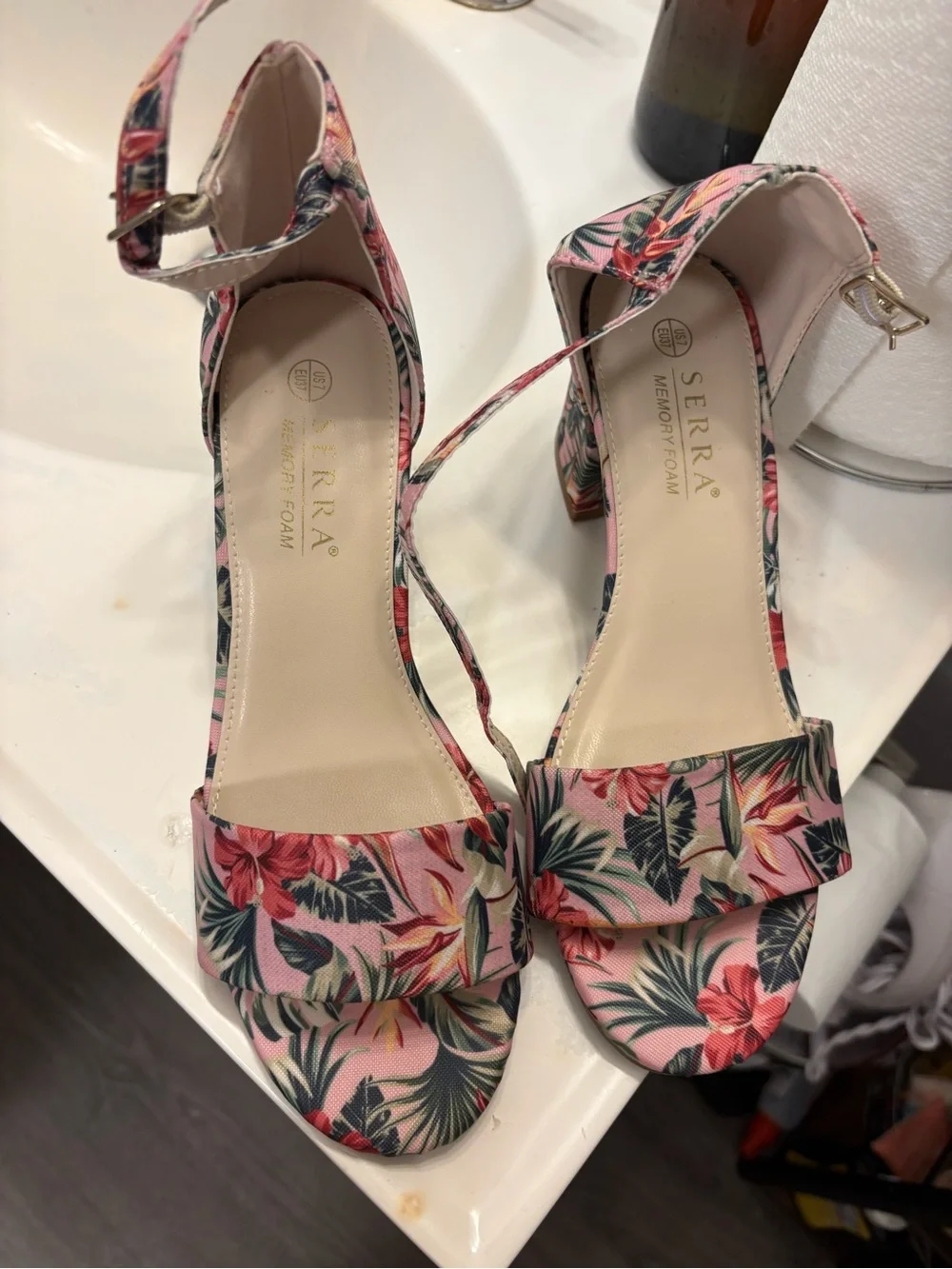 Serra Pink Floral Ankle-Strap Block Heel Sandals